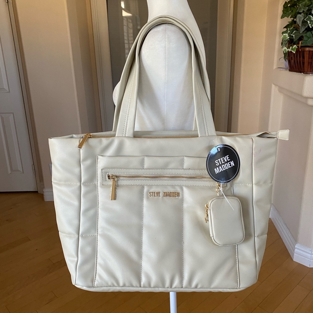 MSRP $118 Steve Madden Cream/Oatmeal Tote with Hanging Pouch and Gold Accents